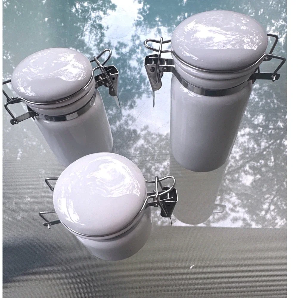 OGGI Ceramic Canister Set 3 Pc White Airtight Clamp Lock Lid Kitchen Storage